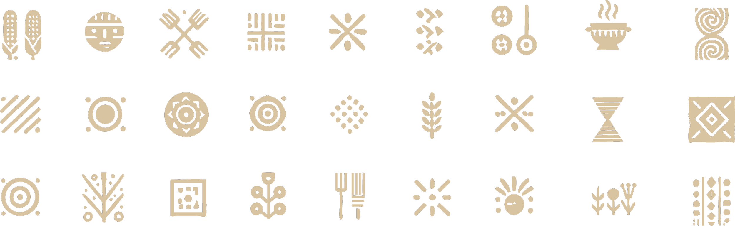 Pattern of tribal or ethnic symbols and motifs in beige on black background.